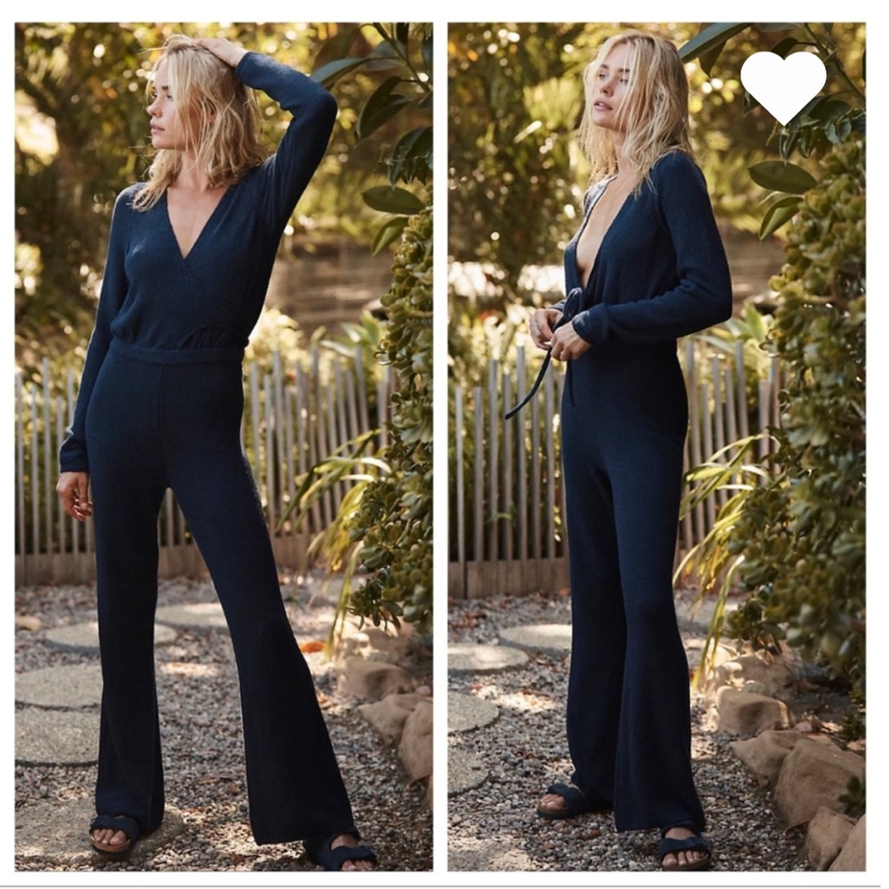 Free people Beach Lindsay Sweater Jumpsuit Textured Wrap Front Navy
